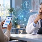 Paciente consulta una inteligencia artificial en su teléfono durante una consulta médica, representando la relación entre IA y médico-paciente.