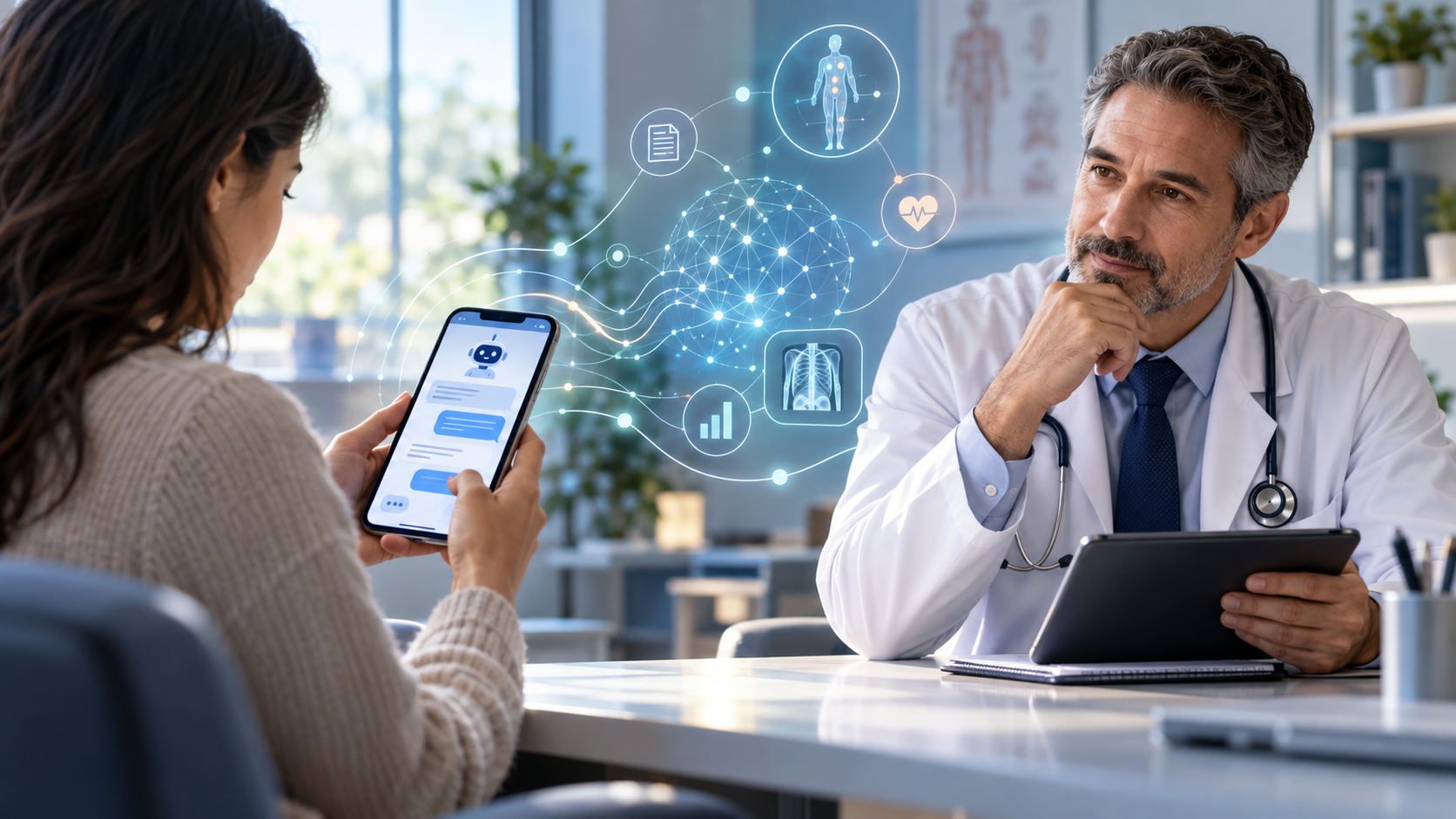 Paciente consulta una inteligencia artificial en su teléfono durante una consulta médica, representando la relación entre IA y médico-paciente.