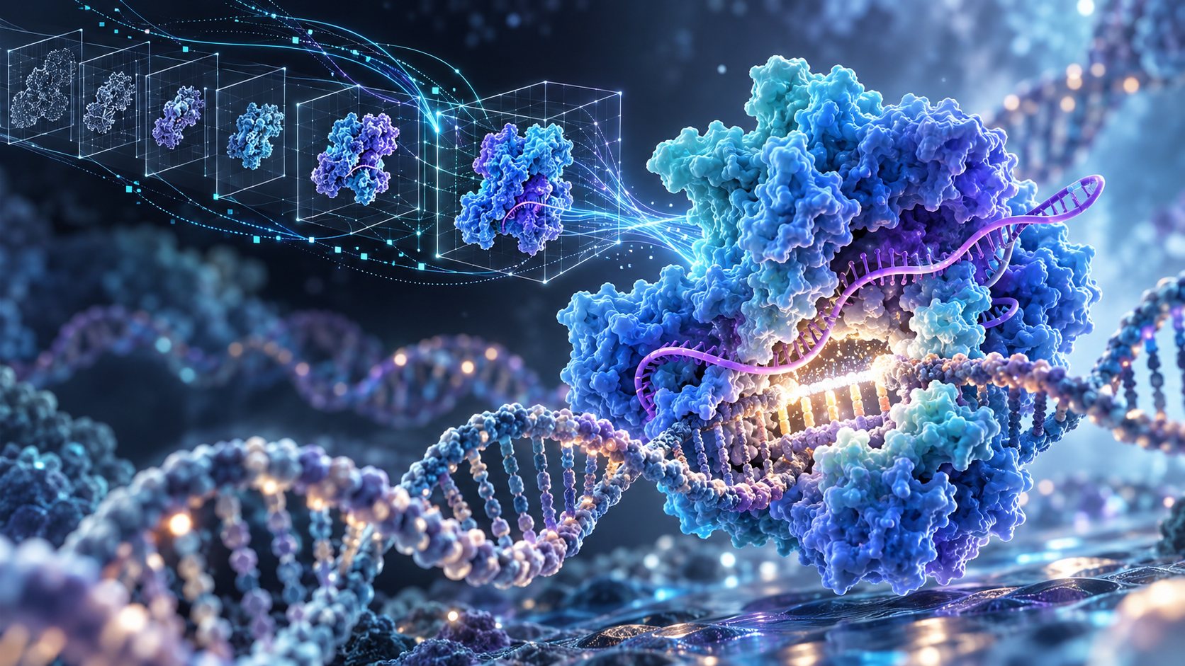 Modelos digitales de proteínas convergen en una nucleasa azul y violeta asociada a una cadena de ADN.