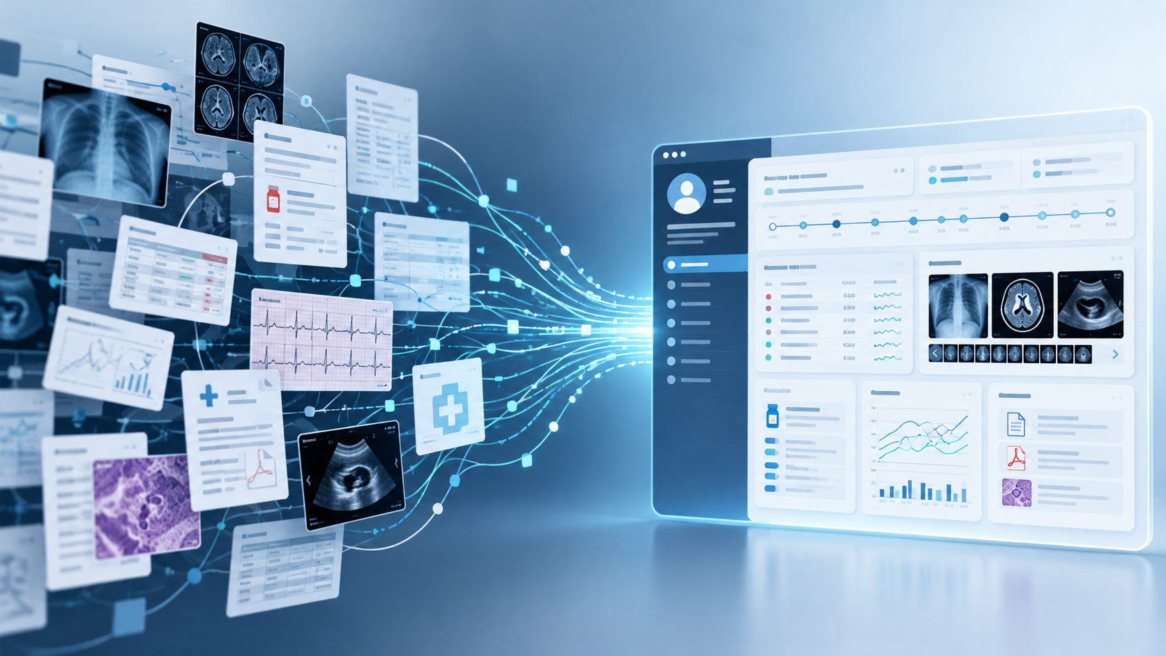 Integración de datos clínicos desde múltiples sistemas hacia una historia clínica electrónica unificada.