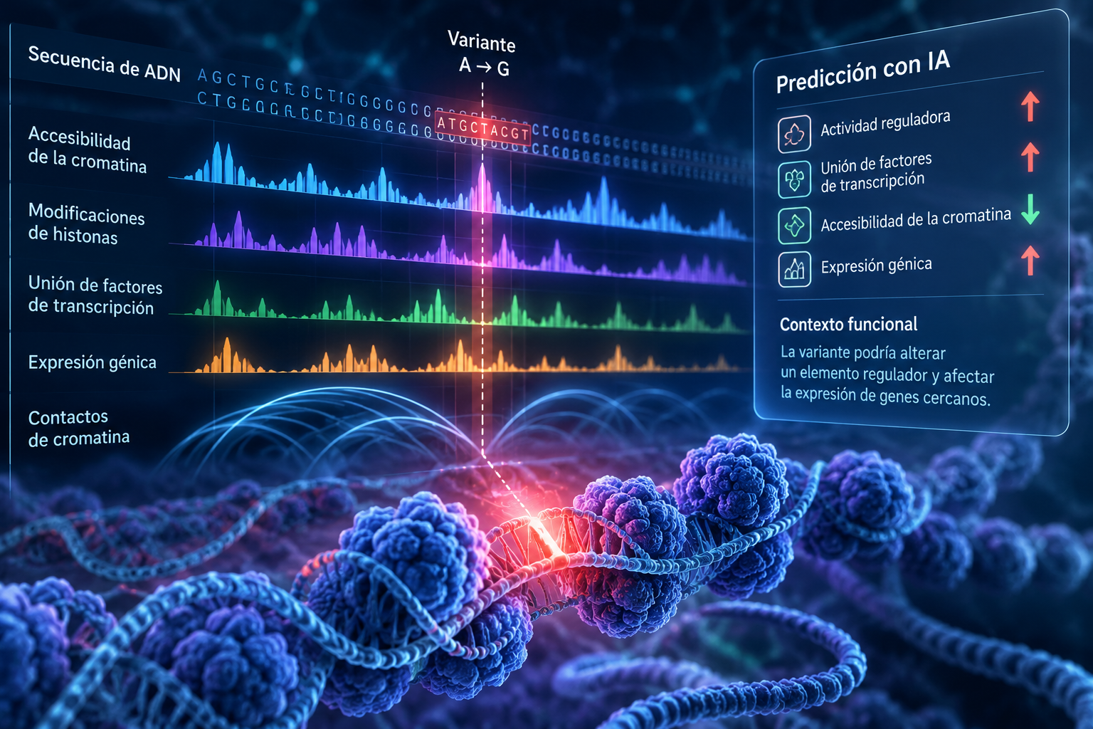 Esquema de una variante de ADN y señales de cromatina, factores de transcripción y expresión génica analizadas mediante IA.