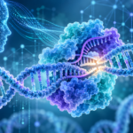Ilustración de una proteína CRISPR sobre una doble hélice de ADN, conectada a una red digital con forma de rostro.